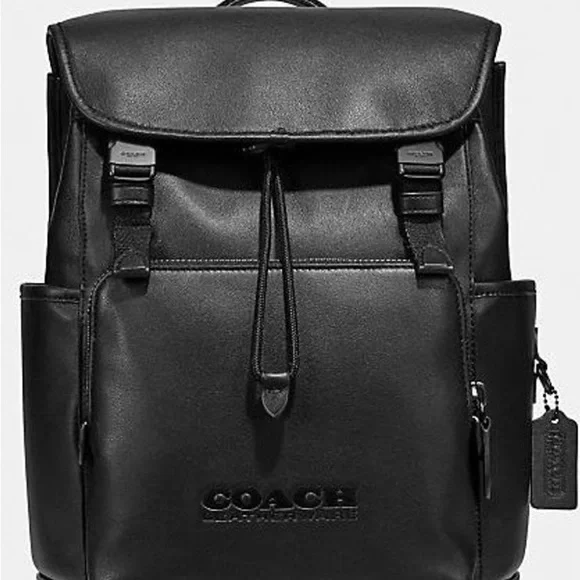 Coach Black Leather Men's Backpack with Front Flap - Picture 1 of 5